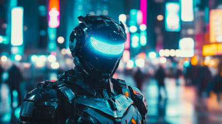 Cyborg man in cyberpunk style looking at camera in front of night cityの写真素材