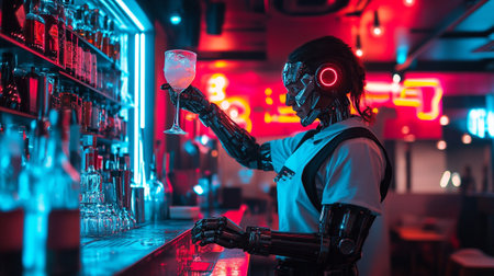 Cyborg holding a glass of martini in a nightclub bar.の写真素材