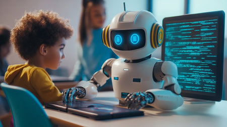 Selective focus of robot and girl working on computer at table in classroomの写真素材