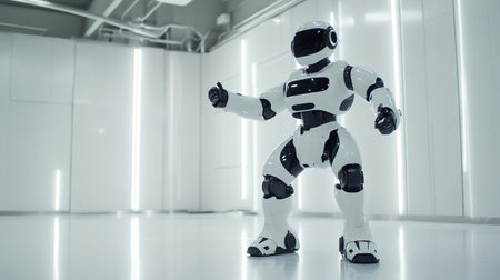 3d rendering humanoid robot wearing virtual reality goggles in modern futuristic officeの素材
