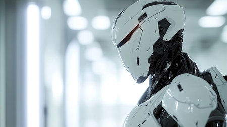3d rendering humanoid robot in empty room with copy space for textの写真素材