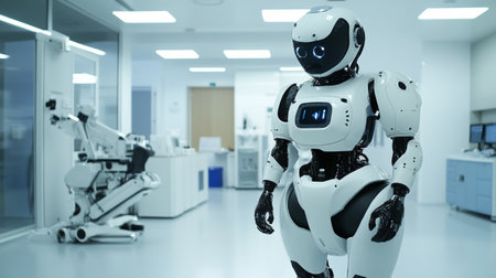 3d rendering humanoid robot in modern lab or science class room.の写真素材