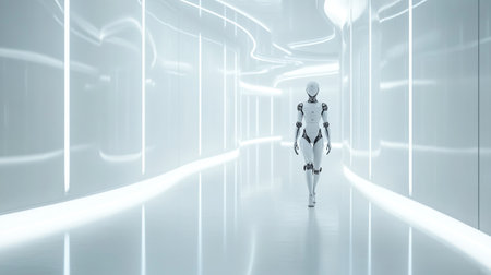 3d rendering humanoid robot walking in a futuristic corridor with glowing lightsの写真素材