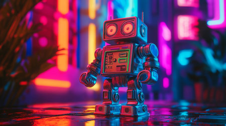 Vintage tin robot toy with colorful neon lights in the background.の素材