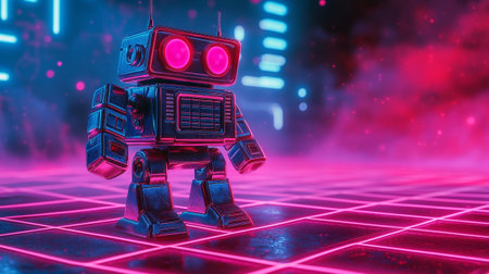 3d rendering retro robot with neon light background. Futuristic technology concept.の写真素材