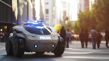 Police car on the road in the city. 3d rendering.の写真素材