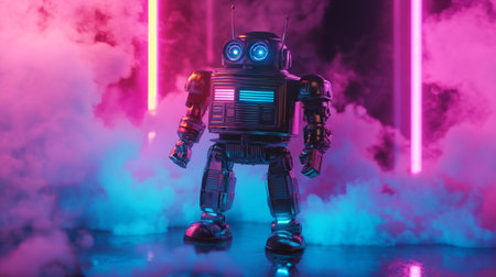 Futuristic robot on the background of neon lights. 3d rendering.の素材