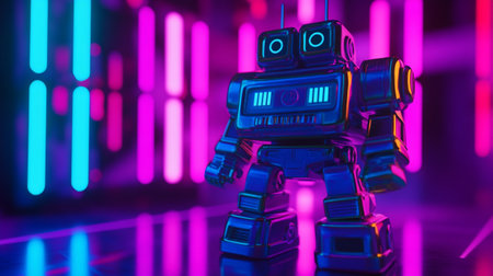 Vintage tin toy robot on colorful neon background. 3d renderingの写真素材