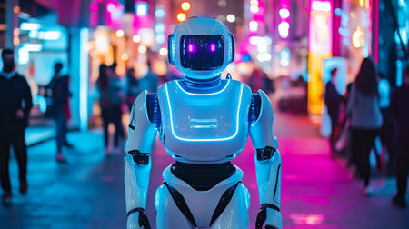 Close up of the artificial intelligence robot working in the night.の写真素材