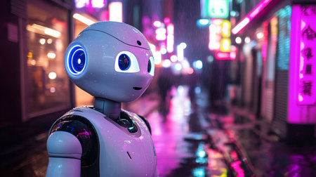 3d rendering humanoid robot in the city at night with neon lightsの写真素材