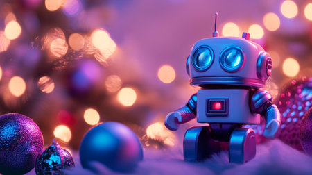 Retro robot with christmas decoration on bokeh background.の写真素材