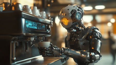 Robot working with coffee machine. 3d rendering toned imageの写真素材