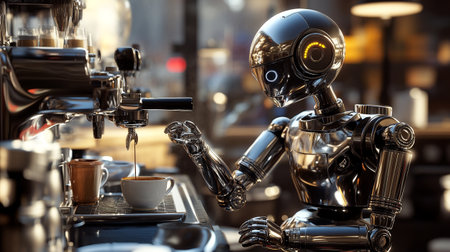 3d rendering robot with coffee machine in coffee shop,vintage toneの写真素材