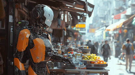 A robot selling fruits at a street food market.の写真素材