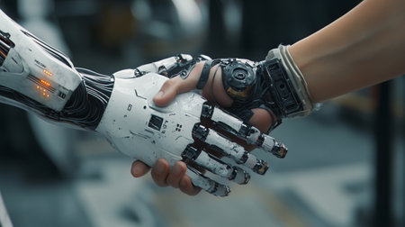 Close up of robot hand holding human hand, artificial intelligence concept.の写真素材