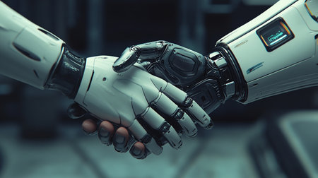 3d rendering humanoid robot hand shake with another robot in the factoryの写真素材