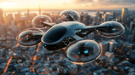 Drone flying over the city 3D renderingの写真素材
