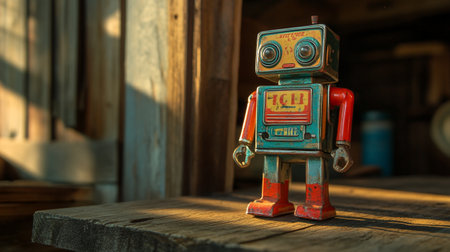 Vintage tin robot toy on a wooden table in front of a rustic backgroundの写真素材