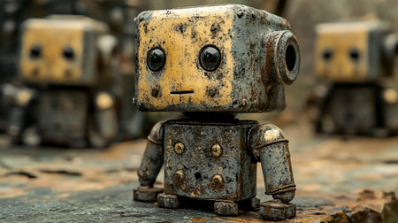 Old rusty tin robot toy on a wooden background, close up.の写真素材