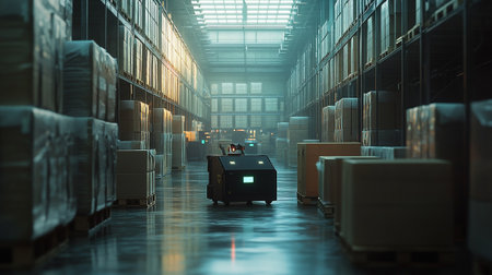 3d rendering of warehouse interior with boxes on shelves in warehouse.の写真素材