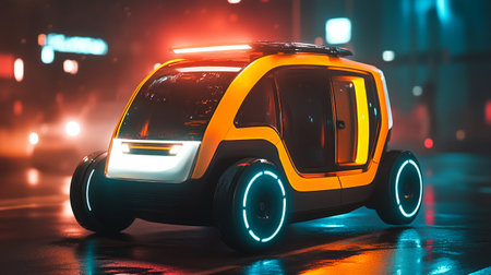Futuristic car with glowing headlights in the city at night.の写真素材