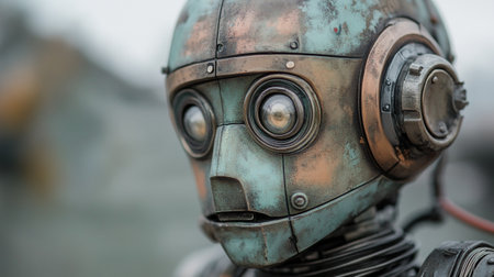 Close up of an old rusty robot head with a blurred background.の写真素材
