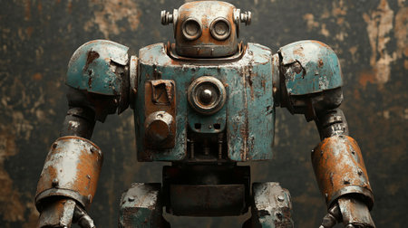 Old rusty robot on a dark background, close-up, tonedの写真素材