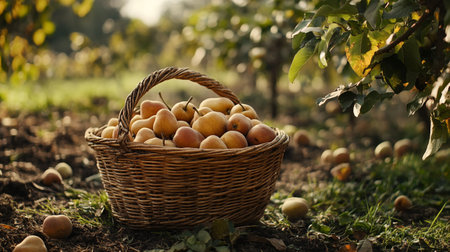 Wicker basket full of pears on the ground in an orchardの写真素材