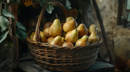 Ripe pears in a basket on a rustic background.の写真素材