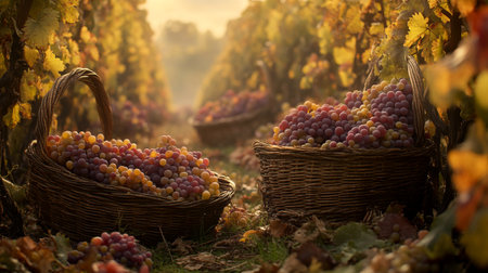 Wicker Baskets with Ripe Grapes in Autumn Vineyardの写真素材