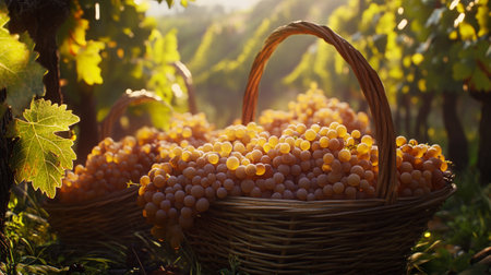 Basket of ripe grapes in vineyard. Selective focus.の写真素材