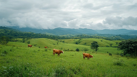 Cows grazing on green meadow in the mountains, Thailand.の写真素材