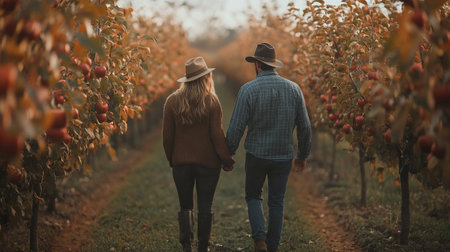 Back view of young couple walking in the autumn apple orchard.の写真素材