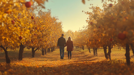 Couple walking in the apple orchard. Autumn season concept.の写真素材