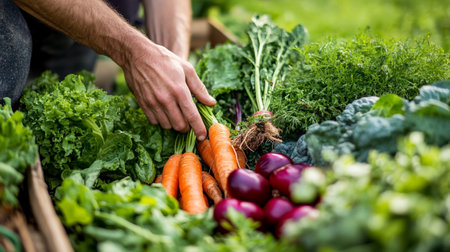 cropped shot of farmer holding fresh carrots and celery in gardenの写真素材