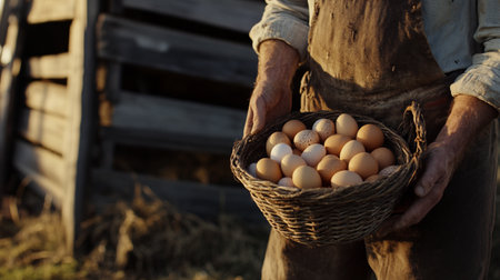 Farmer holding a basket of eggs in front of a rustic barnの写真素材