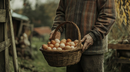 Eggs in basket in hands of old farmer. Rustic style.の写真素材