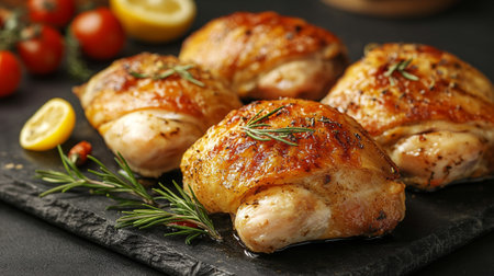 Tasty baked chicken legs with rosemary on slate board, closeupの写真素材