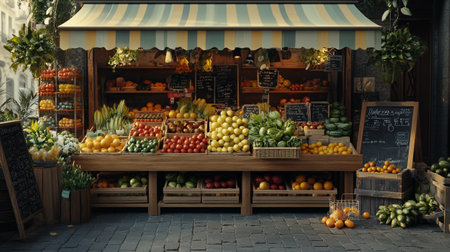 Fruits and vegetables on the counter of a fruit shop. 3d renderingの写真素材