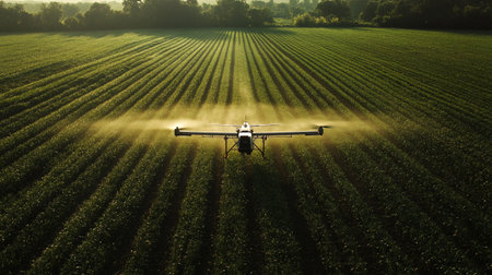 Aerial view of a drone spraying pesticides on soybean field.の写真素材