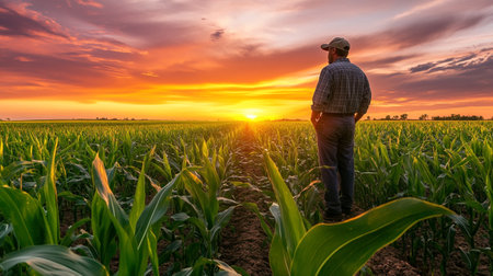 Agronomist or agronomist standing in corn field at sunset or sunriseの写真素材