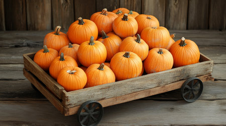 Pumpkins in a wooden box on a rustic background.の写真素材