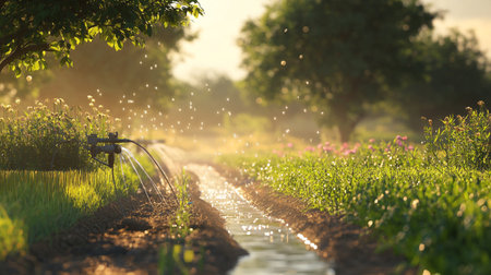 Sprinkler watering the rice field at sunset, selective focus.の写真素材