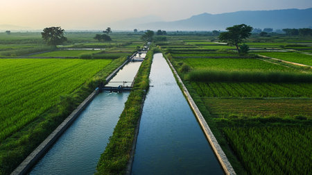 Rice field and canal in the morning at paddy field, Thailandの写真素材