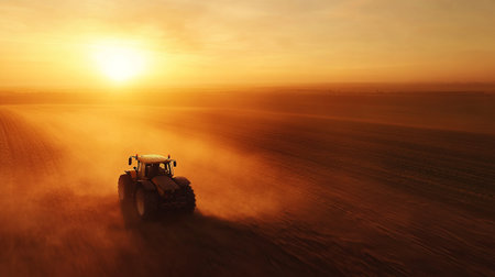 Tractor plowing the field at sunset. 3d render.の写真素材