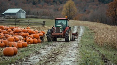 Tractor on the field with pumpkins in autumn. Rural sceneの写真素材