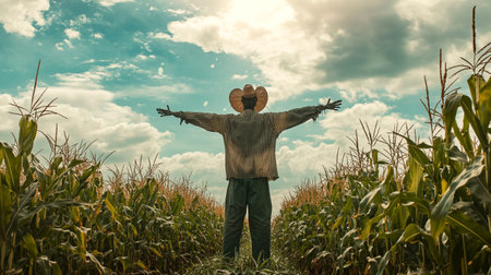 Farmer in cornfield with his arms outstretched to the skyの写真素材