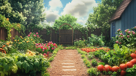 Garden path leading to the garden with vegetable garden. 3d renderingの写真素材