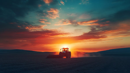 Silhouette of tractor in the field at sunset. 3d renderの写真素材