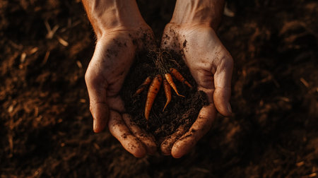 Cropped image of farmer holding fresh carrots in soil on blurred backgroundの写真素材
